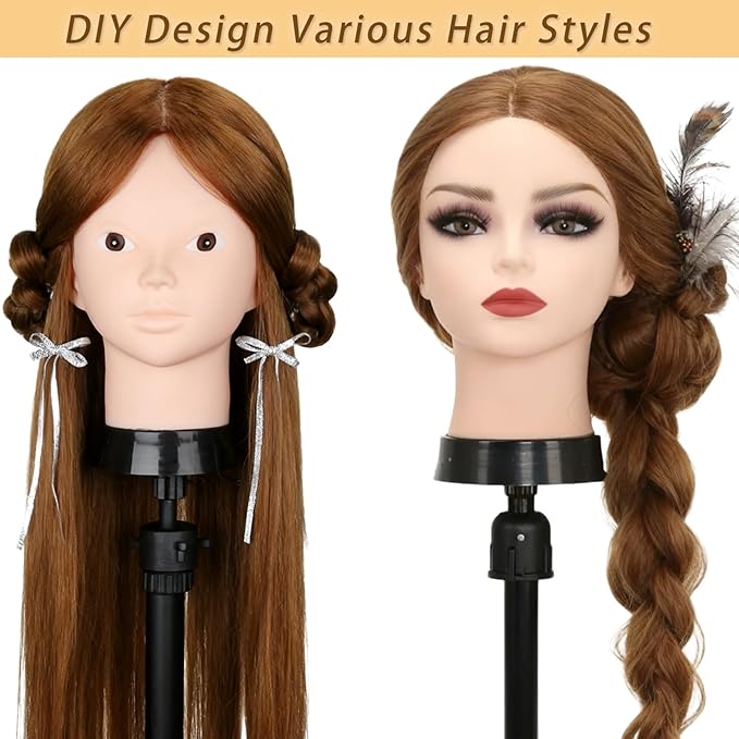 Beauty Star Mannequin Head with 80% Real Human Hair, Manikin Doll Head for Hair Styling, Cosmetology Makeup Hairdressing Training Practice Head with Clamp Stand and DIY Hair Styling Braiding Set