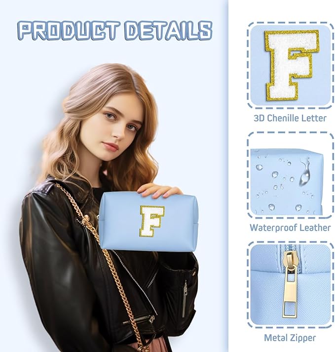 TOPEAST Initial Makeup Bag for Travel, Chenille Letter Pouch Cosmetic Bag, PU Leather Waterproof Toiletry Bag, Personalized Gifts for Bride Bridemaids, Cute Things for Girls (Sky Blue Q)