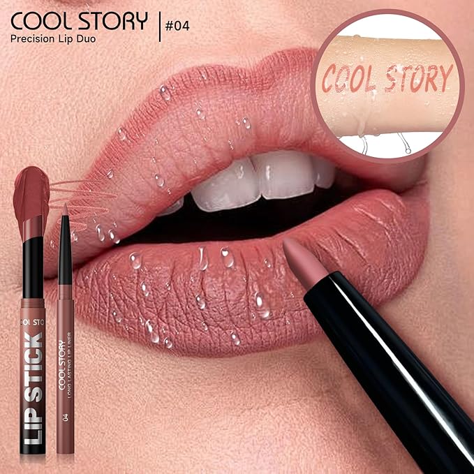 COOL STORY 2 Piece Lip Liner and Lipstick Set, Long Lasting Formula, Professional Makeup Kit (04)