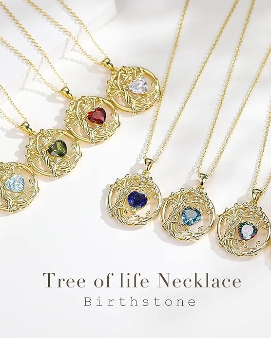 FANCIME Tree of life Birthstone necklace Sterling Silver Pendant Birthstone Necklace Gemstone Anniversary Birthday Jewelry Christmas Gifts for Mom Her Wife