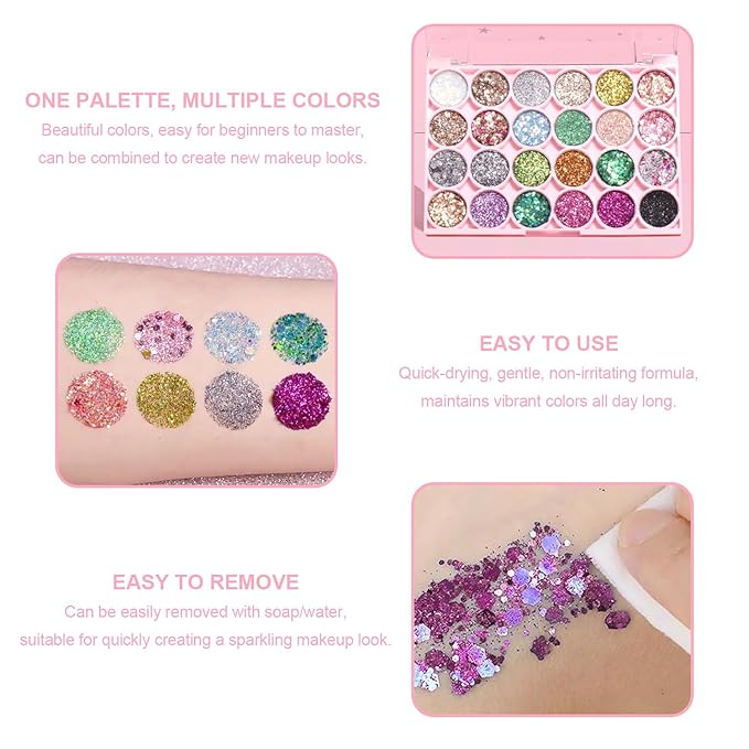 Glitter Eyeshadow Palette, 24 Colors Highly Pressed Pigmented Metallic Shimmer Sparkly Glitter Eyeshadow Makeup Pallet Palettes,Pink Blue Green Red Gold Purple Long Lasting Waterproof (24pcsA)