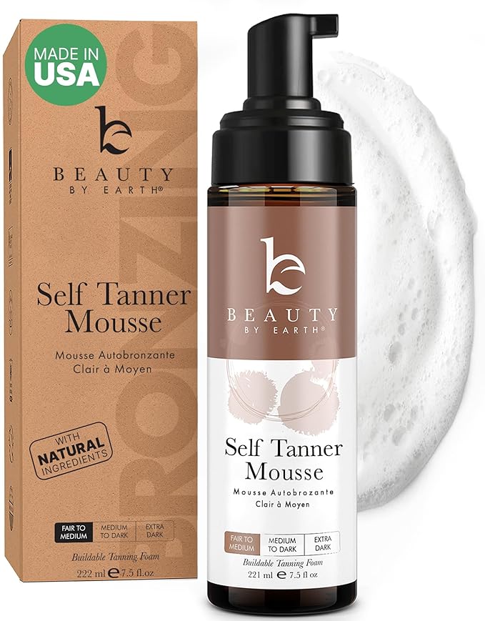 Self Tanner Mousse - USA Made with Natural & Organic Ingredients, Self Tanning Mousse for Fake Tan, Sunless Tanner for Pale Skin, Clear & Non Toxic Tanning Foam for Streak Free Finish, No Orange Color