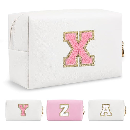 Personalized Makeup Bag Initial A-Z Preppy Patch Bag,Small PU Leather Travel Cosmetic Bag Pouch with Zipper,White Cute Toiletry Bag,Gift Ideal for Teen Girls Women Birthday Friend Mom,Letter X