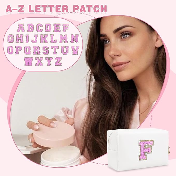 Small Initial Patch Makeup Bag Personalized Gifts Make Up Bag,White Cute PU Leather Glitter Letter Cosmetic Bag with Zipper,Trendy Portable Travel Toiletry Pouch,Preppy Stuff for Teen Girls Women F