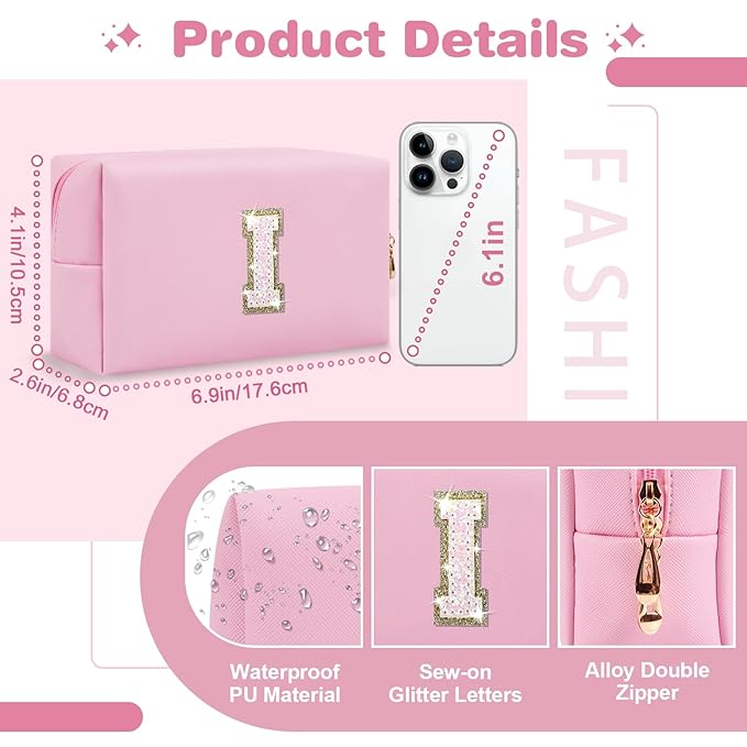 Small Personalized Initial A-Z Patch Makeup Bag,Pink Cute PU Leather Glitter Letter Cosmetic Bag for Teen Girls,Travel Toiletry Bag with Zipper,Preppy Monogrammed Birthday Gift for Daughter Niece I
