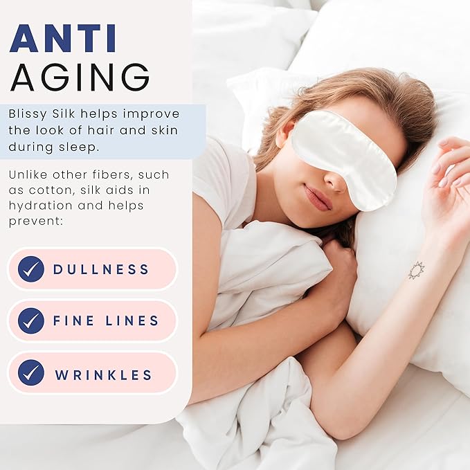 Blissy Silk Sleep Mask - Silk Eye Sleeping Mask for Women & Men for Total Blackout - 100% Pure Mulberry Silk, 22 Momme 6a Fibers - Blindfold Silk Sleep Mask Side Sleeper Eye Cover (White)