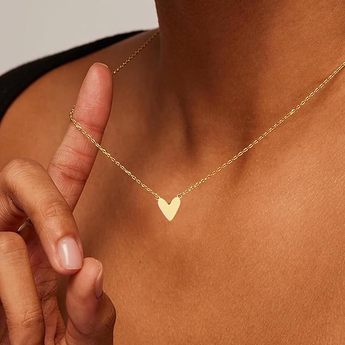 Dainty Gold Heart Necklace for Women - 14K Gold/Silver Plated Cute Heart Handmade Disc Circle Bee Choker Adjustable Necklace for Women Trendy Jewelry
