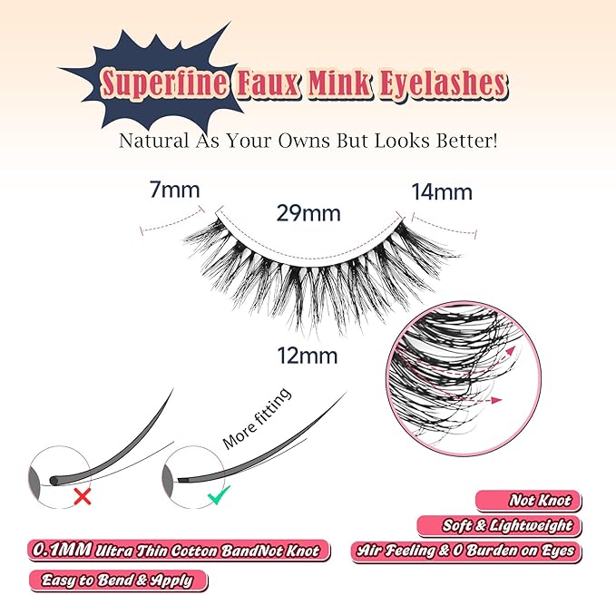 Wipsy Lashes Cat Eye 14MM False Eyelashes Natural Look C Curl Lash Strips 3D Volume Fake Eyelashes Thin Band Wispy Lashes Pack Siligli 7 Pair