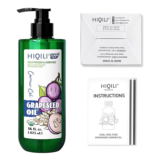 HIQILI 16 Fl Oz Organic Grapeseed Oil for Hair, for Skin, Carrier Oil for Essential Oils Mixing, 100% Pure & Natural-473ML