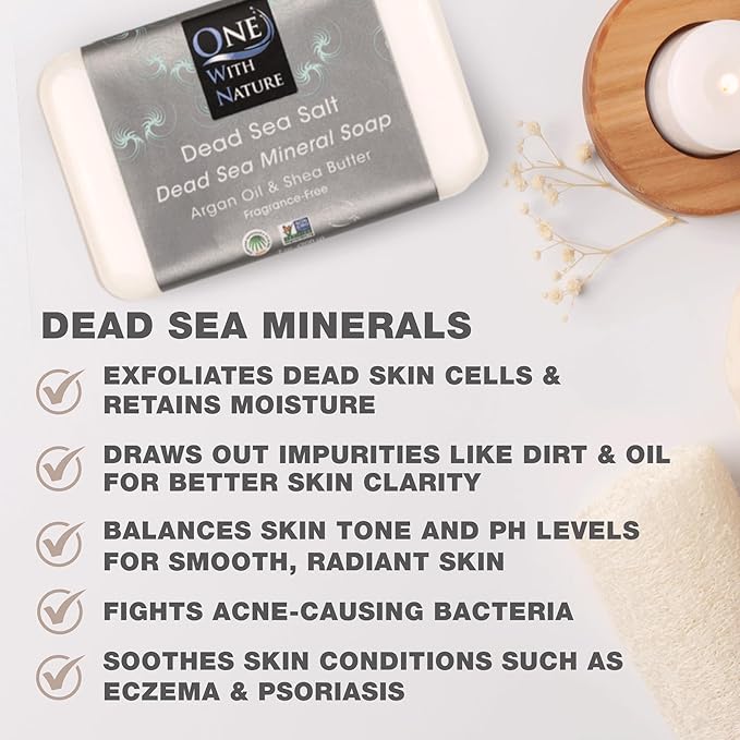One With Nature Dead Sea Soap 7oz Variety 3Pk-Dead Sea Mud, Activated Charcoal, and Dead Sea Salt-Detoxifying and Exfoliating Soap Bars with Dead Sea Salt for Face & Body, for Men & Women