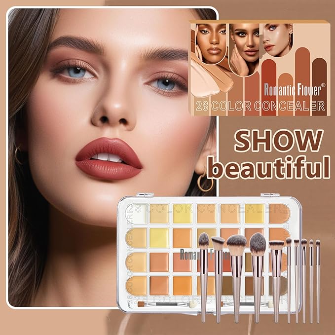 Professional 28 Colors Cream Concealer Camouflage Makeup Palette Contouring Kit, 10 Makeup Brushes, Face Eye Body Cosmetic Foundation, Contour, Repairs Redness, Dull, Dark Circles
