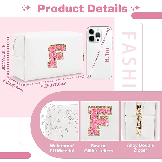 Small Personalized Initial A-Z Patch Makeup Bag,White Cute PU Leather Glitter Letter Cosmetic Bag for Teen Girls,Travel Toiletry Bag with Zipper,Preppy Monogrammed Birthday Gift for Daughter Niece F