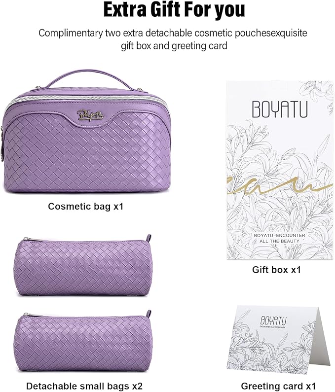 BOYATU Travel Makeup Bag Cosmetic Bags for Women: Large Capacity 3 Pcs Set Make up Bag with Compartments - Waterproof Vegan Leather Toiletry Organizer Bags with Handle - Travel Essentials(L01 Purple)