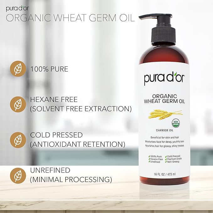 PURA D'OR ORGANIC Wheat Germ Oil (16 Oz x2 = 32 Oz) 100% Pure & Natural USDA Certified Cold Pressed Carrier Oil - Vitamin E Rich, Moisturizing & Nourishing Anti-Aging Properties - Healthy Hair Growth