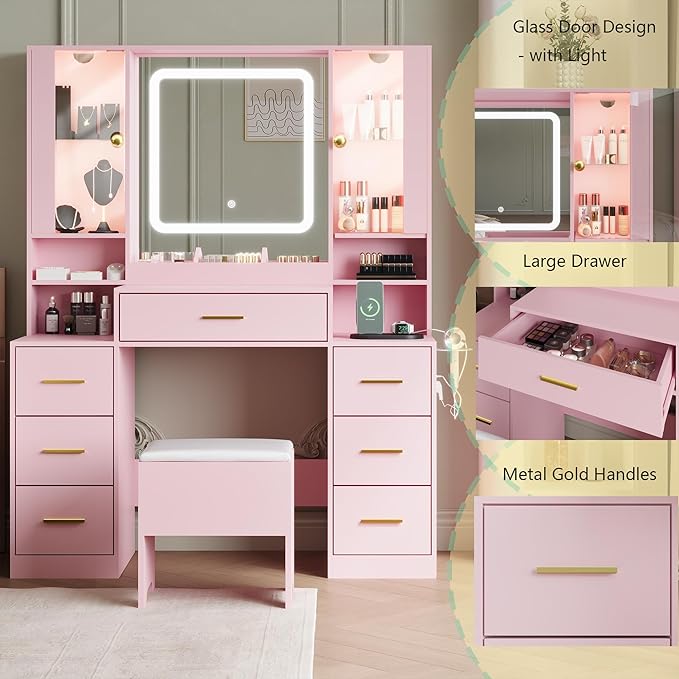 Makeup Vanity with LED Light Strip Mirror and Chair, 7 Drawers & 2 RGB Cabinets Pink Vanity Makeup Desk with Power Strip, Adjustable LED Lighting, and Cushioned Stool for Women, Girls, Teens