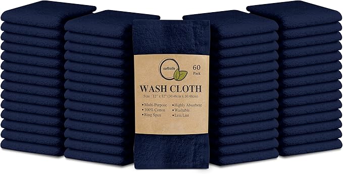 Softolle 100% Cotton Washcloths 60 Pack (12x12 Inches) Soft, Highly Absorbent Washcloth, Face Towels, Wash Cloths for Face, Ring Spun, Bulk Pack (Navy Blue)