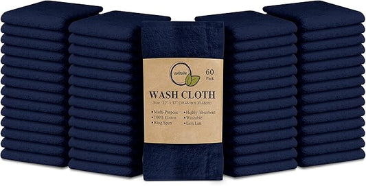 Softolle 100% Cotton Washcloths 60 Pack (12x12 Inches) Soft, Highly Absorbent Washcloth, Face Towels, Wash Cloths for Face, Ring Spun, Bulk Pack (Navy Blue)