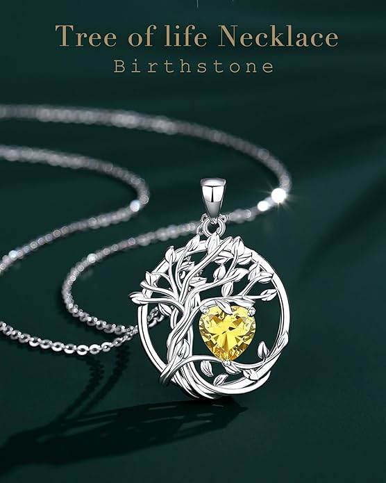 FANCIME Tree of life Birthstone necklace Sterling Silver Pendant Birthstone Necklace Gemstone Anniversary Birthday Jewelry Christmas Gifts for Mom Her Wife