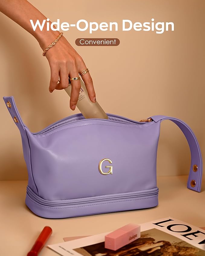 Personalized Gifts, Makeup Bags with Handle, Waterproof Double Layer Cosmetic Bag, Large Capacity PU Leather Makeup Bags Letter Travel Toiletry Bag, Birthday Gifts for Girls