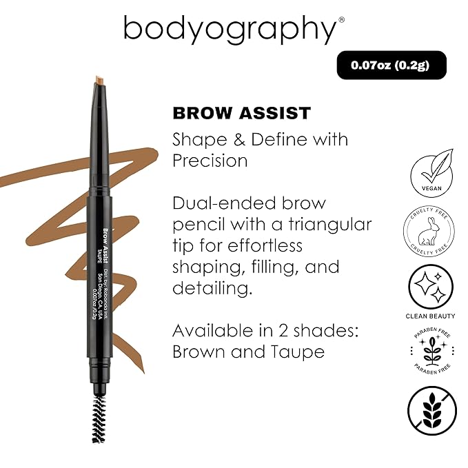 Bodyography Brow Assist – Taupe | Triangular Tip Eyebrow Pencil for Women with Built-In Spoolie | Defines, Fills & Shapes Brows | Mineral-Based Formula with Castor & Coconut Oil | Clean, Vegan