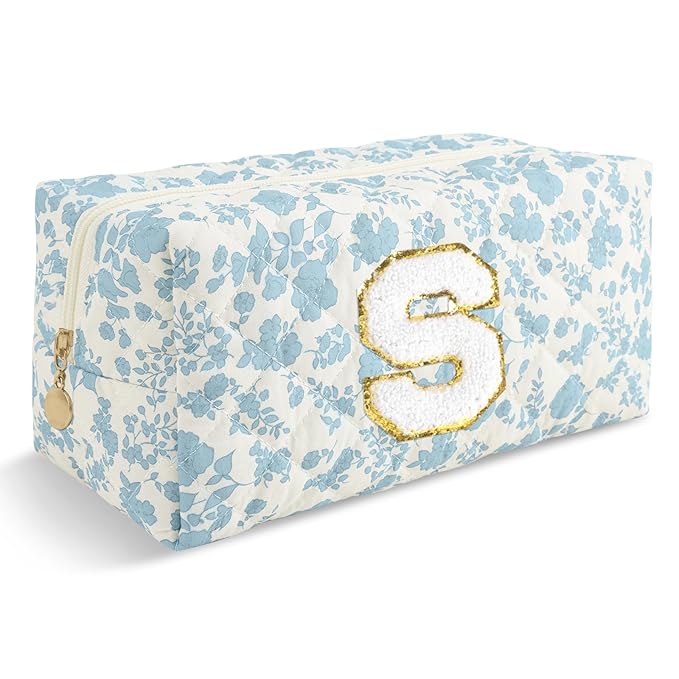 Personalized Quilted Cosmetic Bag, Puffy Monogrammed Christmas Birthday Gifts for Women & Girls, Cute initial Floral Makeup Bag Puffer Coquette Bag, Aesthetic Travel Toiletry Zipper Pouch(Blue,S)
