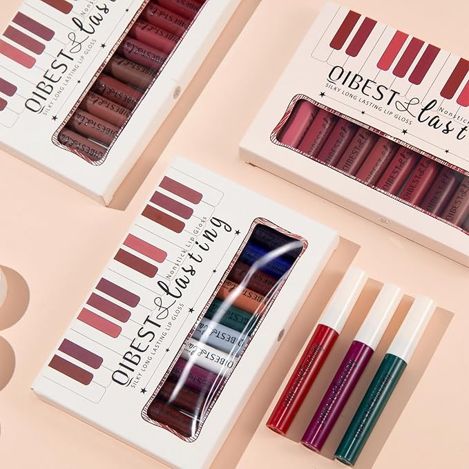 12Pcs Matte Liquid Lipstick Set for Girls & Women, 24 Hours Long Lasting Waterproof Nude & Dark Red Lip Gloss Makeup Kits, Velvet Non-Stick Cup Mate Duracion 24 Horas Originales Lip Stains (Set 01, 1)