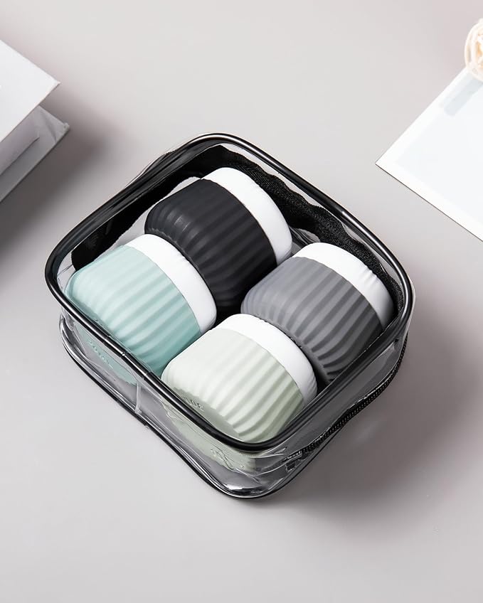Travel Containers for Toiletries 4 Pack, TSA Approved Travel Size Toiletries, Travel Size Containers, With Clear Bag Leak Proof Silicone Jars, Travel Essentials Creams Jars Carrying Small Items