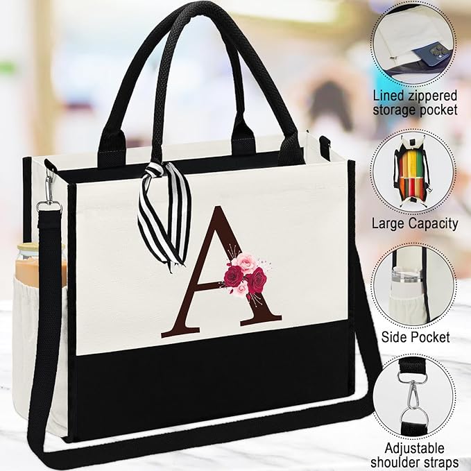 Birthday Gifts for Women,Initial Canvas Tote Bag,Initial Gift for Women,16oz Initial Glass Cup,Initial Makeup Bag with Zipper,Jewelry Organizer Box,Personalized Gifts for Mom-A