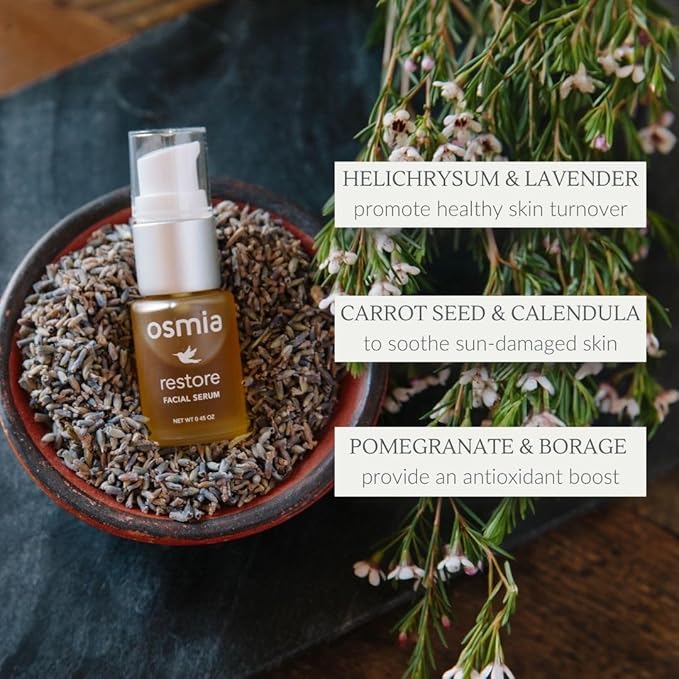 Osmia Skincare - Natural Restore Facial Serum | Lavender, Carrot Seed, Jojoba, Borage, + Pomegranate Oils | Moisturize, Boost, Nourish | Clean Beauty For Healthy Skin (0.45 fl oz | 13.3 ml)