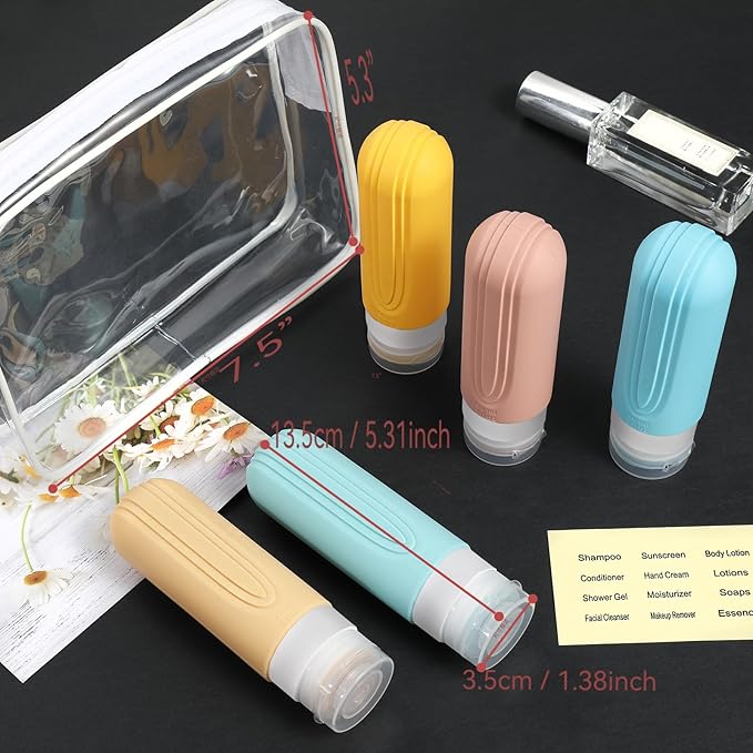 Travel Bottles for Toiletries, 5 Pack TSA Approved Travel Size Containers, 3oz Leak Proof Refillable Travel Accessories for Shampoo Conditioner, BPA Free Travel Bottles with Toiletry Bag