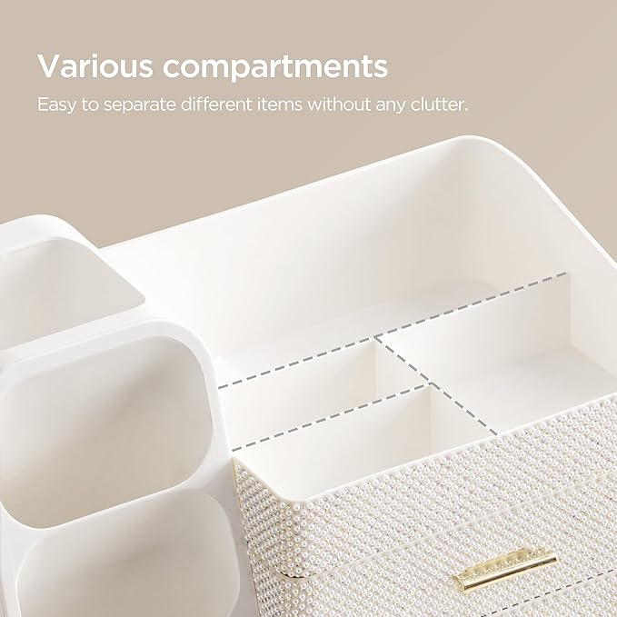 HBlife Makeup Organizer with Brush Holder for Vanity, Large Plastic Bathroom Countertop Organizer Skin Care Storage, Easy to Store Nail Polishes, Perfumes, Eyeshadow Palettes, Pearl All White