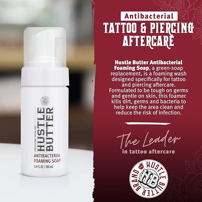 Hustle Bubbles Tattoo Aftercare - Antibacterial Foaming Tattoo Soap for New Tattoos and Piercings - TSA Approved - Vegan, Cruelty Free - 3.4 fl oz