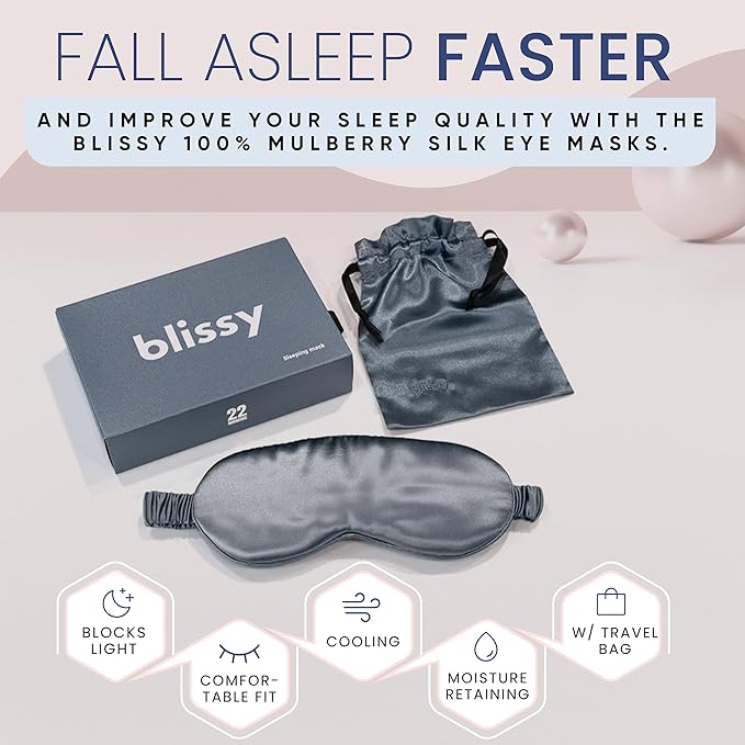 Blissy Silk Sleep Mask - Silk Eye Sleeping Mask for Women & Men for Total Blackout - 100% Pure Mulberry Silk, 22 Momme 6a Fibers - Blindfold Silk Sleep Mask Side Sleeper Eye Cover (Ash Blue)