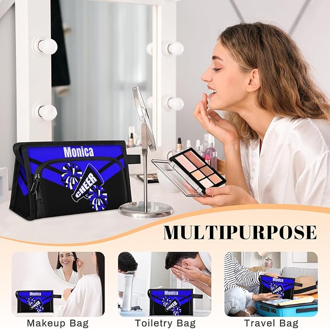 Custom-Makeup-Bag Personalized Travel Toiletry Bag Text Customized Cheer Makeup Bags Cosmetic Bags for Women With Divider & Handle Dark Blue