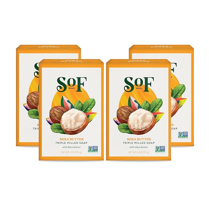 SoF Triple Milled Bar Soap - With Coconut Oil & Organic Shea Butter- Vegan & Non GMO- Free From Phthalates, Sulfates & Parabens- Shea Butter - 6 oz Bar 4 Bars
