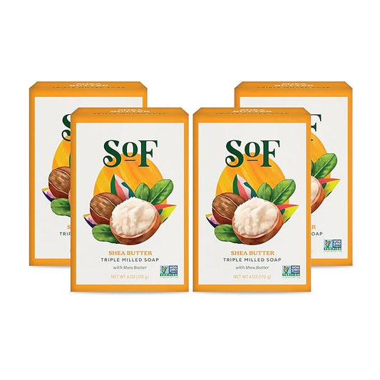 SoF Triple Milled Bar Soap - With Coconut Oil & Organic Shea Butter- Vegan & Non GMO- Free From Phthalates, Sulfates & Parabens- Shea Butter - 6 oz Bar 4 Bars