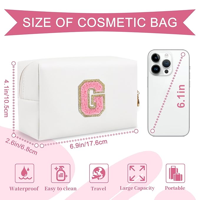Personalized Makeup Bag Initial A-Z Preppy Patch Bag,Small PU Leather Travel Cosmetic Bag Pouch with Zipper,White Cute Toiletry Bag,Gift Ideal for Teen Girls Women Birthday Friend Mom,Letter G