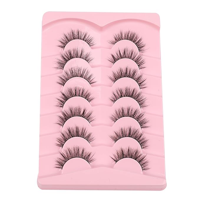 Wispy Lashes False Eyelashes 16mm Strip Lashes Fluffy Eyelashes C Curl Lash Strips Fake Eyelashes Natural with 0.1MM Thin Cotton Band Siligli 3D Volume Eyelash Pack 7 Pair
