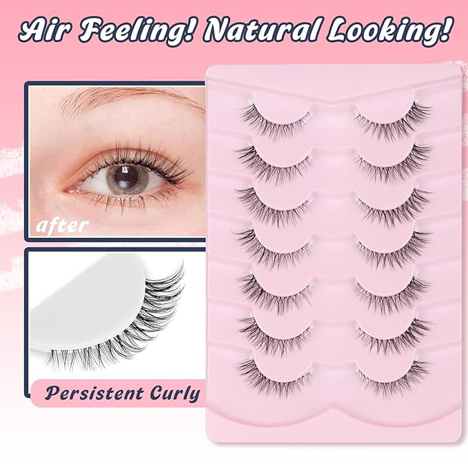 Eyelashes Cat Eye Lashes Natural Look 12mm False Lashes Wispy C Curl Eyelashes with 0.1Mm Thin Band 3D Volume Fake Eyelash Pack Natural Lash Strips 7 Pair Siligli