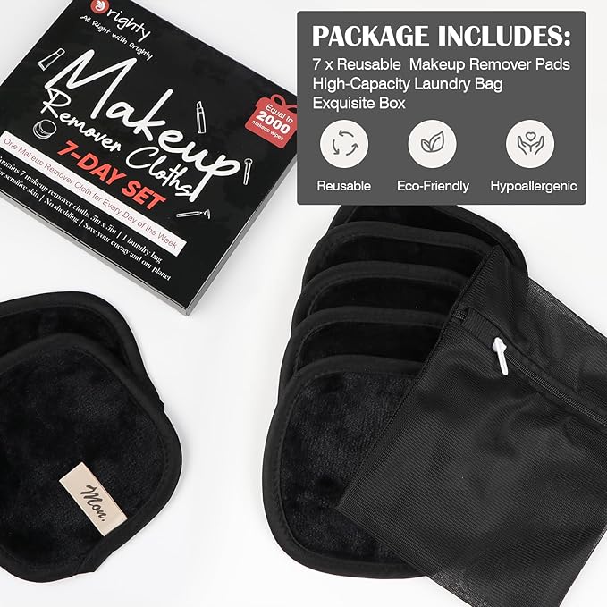 Orighty Makeup Remover Cloths 7-Day Set, Premium & Reusable Makeup Remover Pads, Erase Make-up With Just Water, Make-up Set For Eyes, Lips, Foundation and more, Ideal Choice For Women (Black)