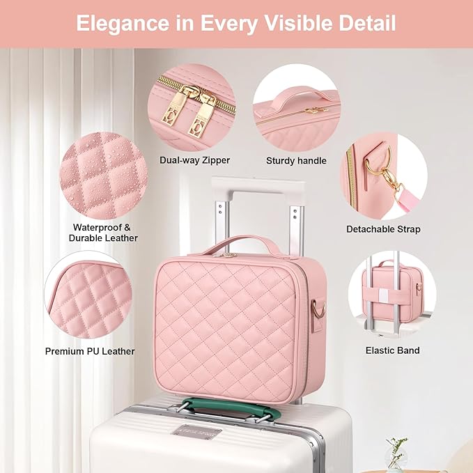 BEAUTY CASE Makeup Case with LED Light Mirror, 10 Inch Portable Travel Cosmetic Organizer Bag with Adjustable Dividers, Rechargeable, Large Capacity, Bright Lighting, Gift for Women Girls, Pink