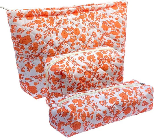 3 Piece Orange Quilted Floral Makeup Bag Set Small Cosmetic Bag For Women Cute Cotton Makeup Pouch For Purse