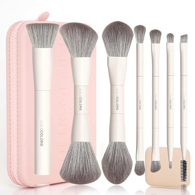 13-in-1 Dual-Ended Makeup Brush Set with Sponge & Travel Case – 7 Multi-Functional Brushes for Face & Eyes – Soft Bristles, Wooden Handles – Available in Cream, Green, or Pink (Blush Pink)