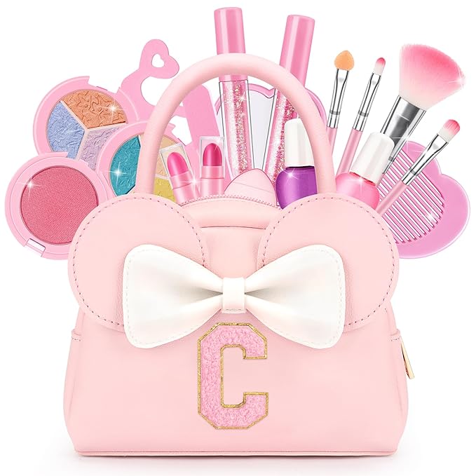 Kids Real Makeup Kit for Girls - 18Pcs Non-Toxic Washable Make Up Toys with Initial Toddler Purse - Personalized Birthday Gifts for Age 3 4 5 6 7 8 9 10 Years Old Girls Vanity Set - C