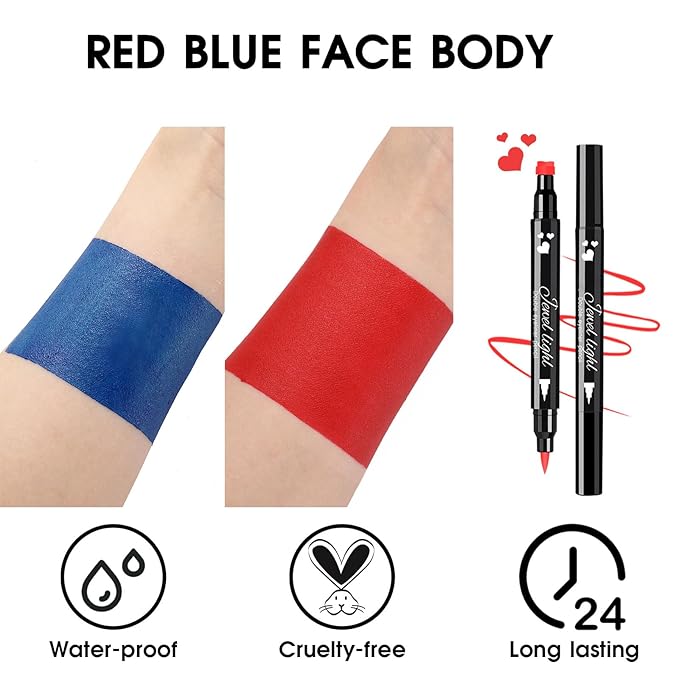 BADCOLOR 3PCS Red Blue Face Body Paint Stick Makeup for Harley/Joker SFX Cosplay & Dress Up, Red Liquid Eyeliner Stamp Pen for Clown Costume Cosplay