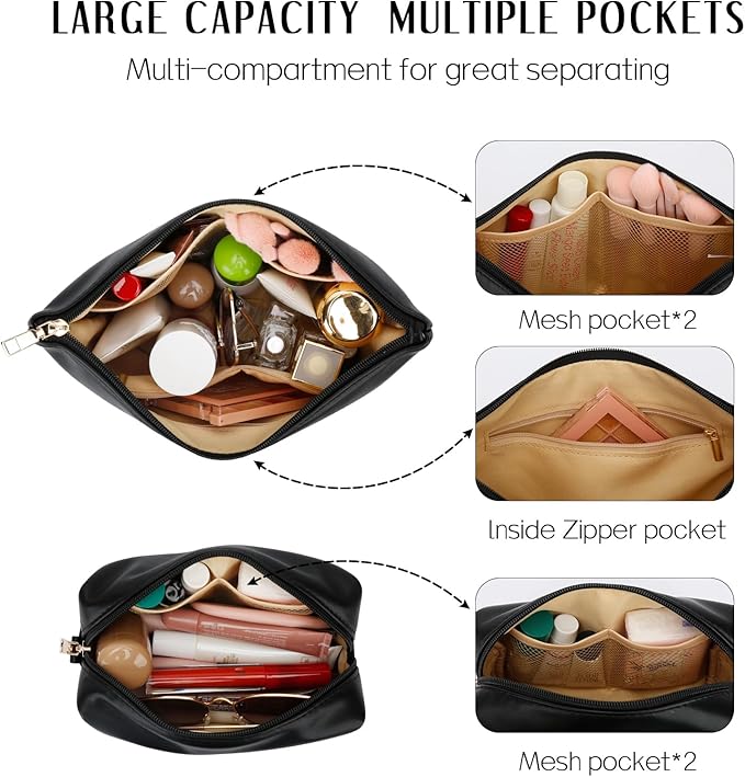 Women Gifts | Initial Makeup Bag Set for Girl Personalized Gifts for Bridesmaid Friend Graduation Teachers PU Leather Cosmetic Travel Toiletry Bag(Black,W)