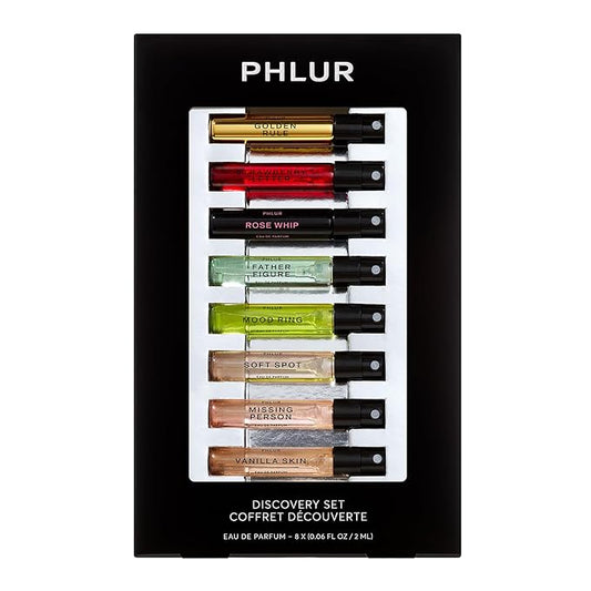 PHLUR Fragrance Discovery Set (2025) - 8pc Perfume Sample Set ft. New Releases Vanilla Skin, Rose Whip & Golden Rule - 2mL Mini Perfume Fine Fragrance Samples (8 x 2mL)