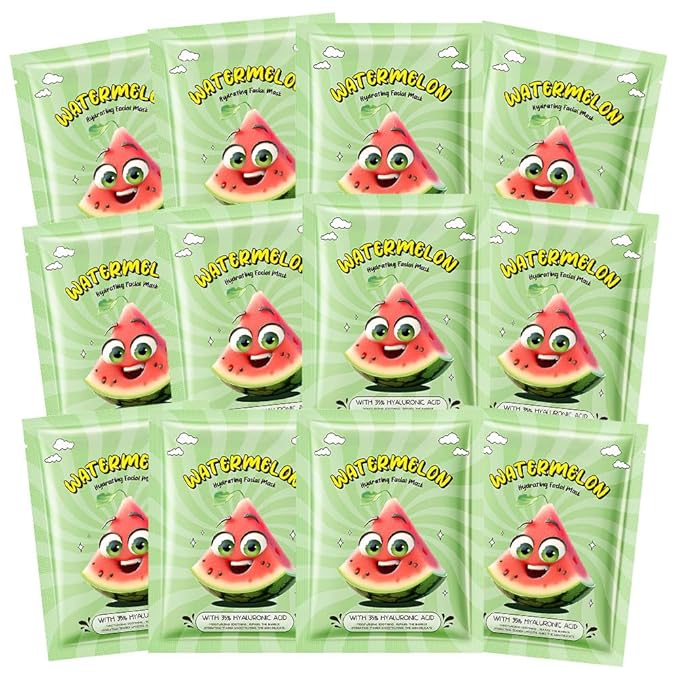 Kaely 12 Pack Watermelon Face Masks for Kids, Kids Face Mask Spa Day Kit Supplies, Spa Party Favors for Teens Girls Women, Sheet Facial Mask Skincare Gifts Set, Moisturize for All Skin Types, 07