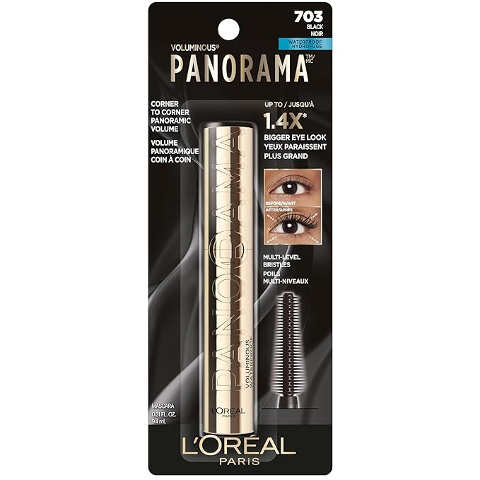 L'Oreal Paris Voluminous Panorama Mascara, Volumizing and Lengthening Mascara, Waterproof Longwear and Smudge Resistant Make Up, Black, 0.33 Fl Oz