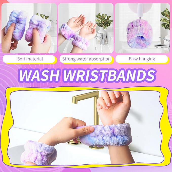 WSYUB Spa Headband and Wristband Set with Hair Scrunchies, Face Wash Headbands, Makeup Skincare Headband Wrist Bands for Washing Face
